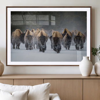 41669135-MGV-CV-36X24-Bison Herd Scene Wall Art Canvas Print, Framed Rustic Wildlife Decor Art Picture Print, Snowy Bison Landscape Perfect Rustic
