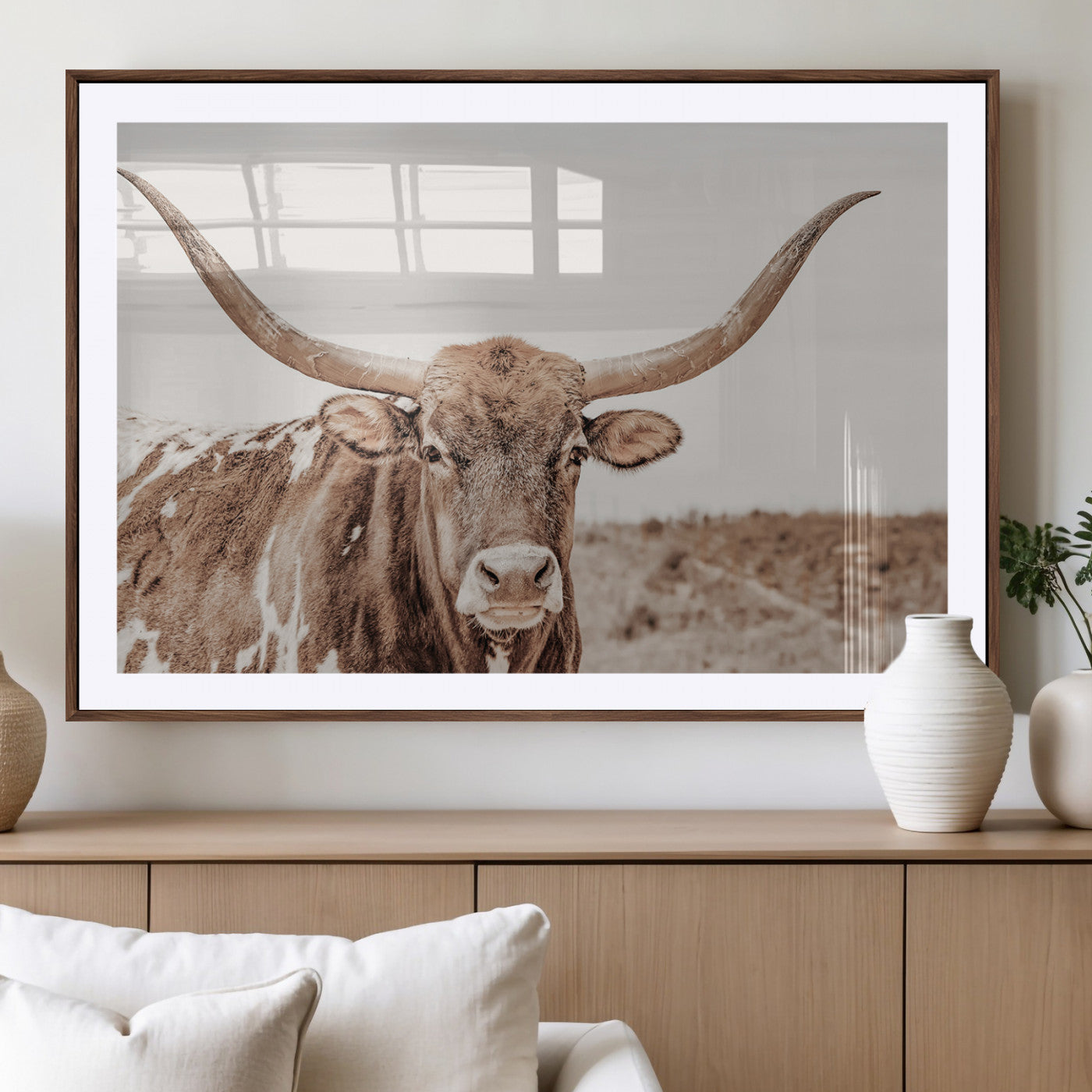 77810049-MGV-CV-36X24-Longhorn Bull Photo Wall Art Canvas Print, Framed Rustic Cow Decor Art Picture Print, Neutral Farmhouse Style Perfect Rustic