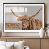 74406977-MGV-CV-36X24-Longhorn Bull Decor Wall Art Canvas Print, Framed Western Cow Theme Art Picture Print, Rustic Farmhouse Wall Perfect Neutral