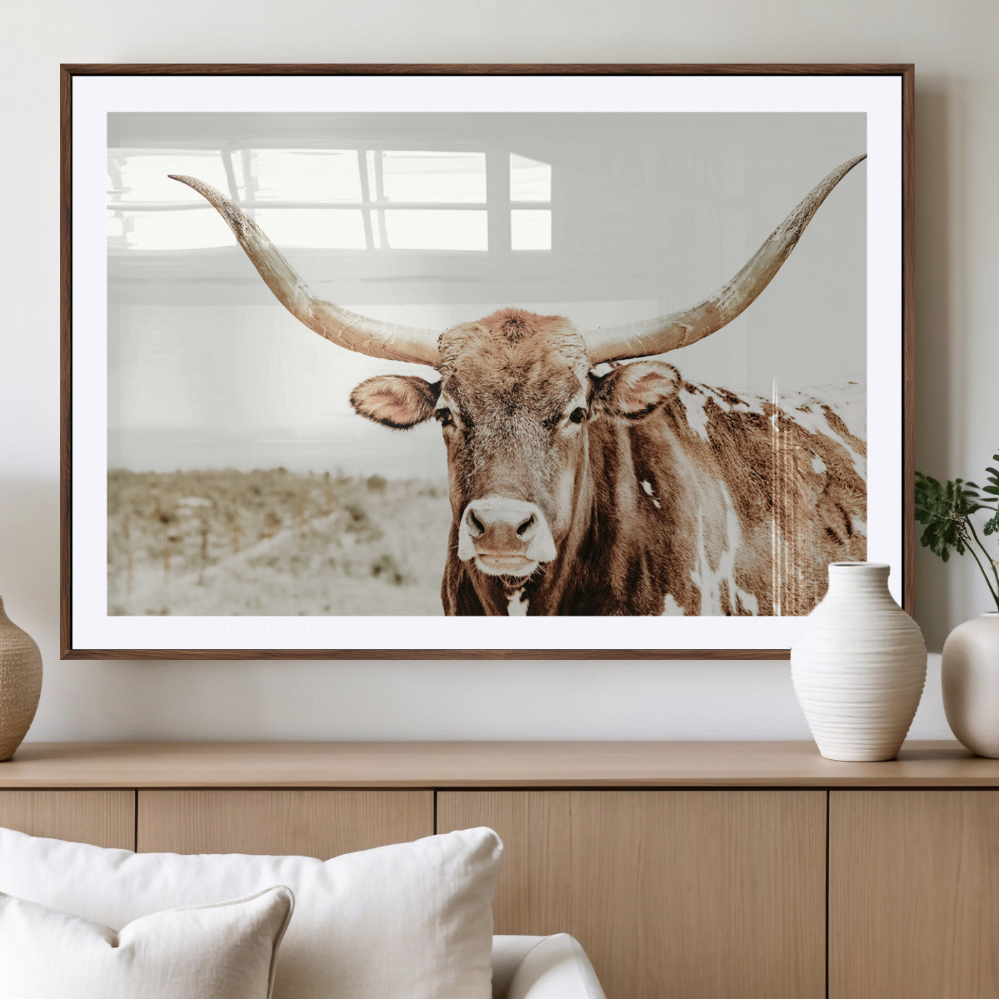 98924580-MGV-CV-36X24-Texas Longhorn Bull Wall Art Canvas Print, Framed Rustic Farmhouse Decor Art Picture Print, Western Animal Theme Perfect Rustic