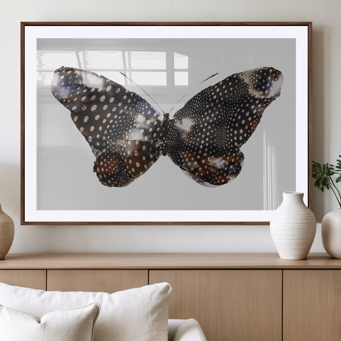 99831147-MGV-CV-36X24-Spotted Butterfly Wall Art Canvas Print, Framed Neutral Insect Theme Art Picture Print, Earthy Wing Pattern Perfect Modern Rustic
