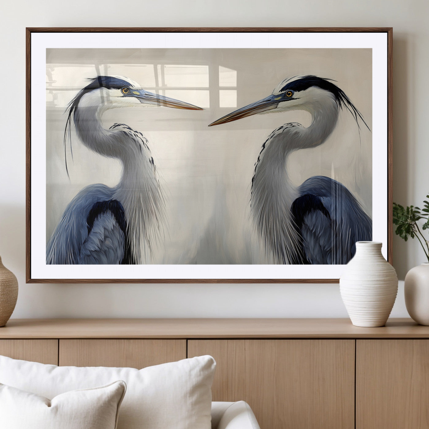 18230556-MGV-CV-36X24-Blue Heron Pair Wall Art Canvas Print, Framed Coastal Bird Theme Art Picture Print, Tranquil Wildlife Scene Perfect Coastal