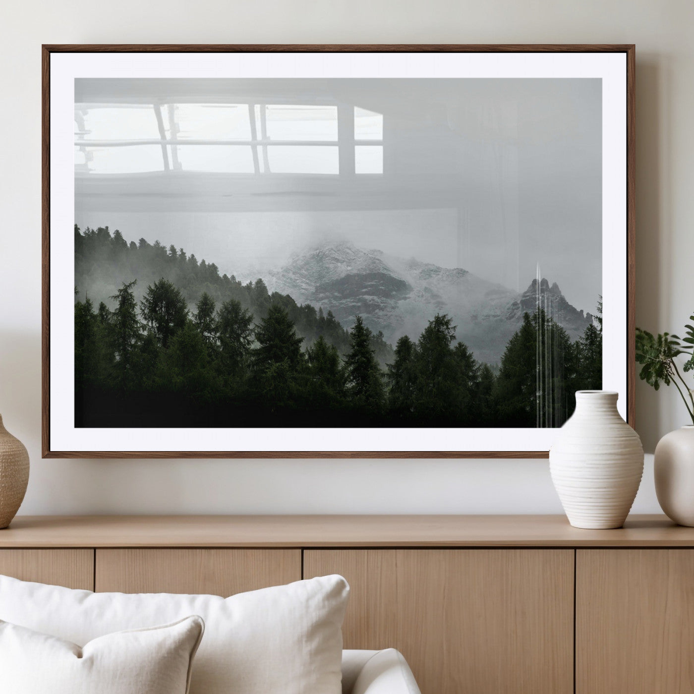55968349-MGV-CV-36X24-Misty Mountains Wall Art Canvas Print, Framed Foggy Forest Art Picture Print, Snowy Peaks Perfect Moody Wilderness Decor Artwork