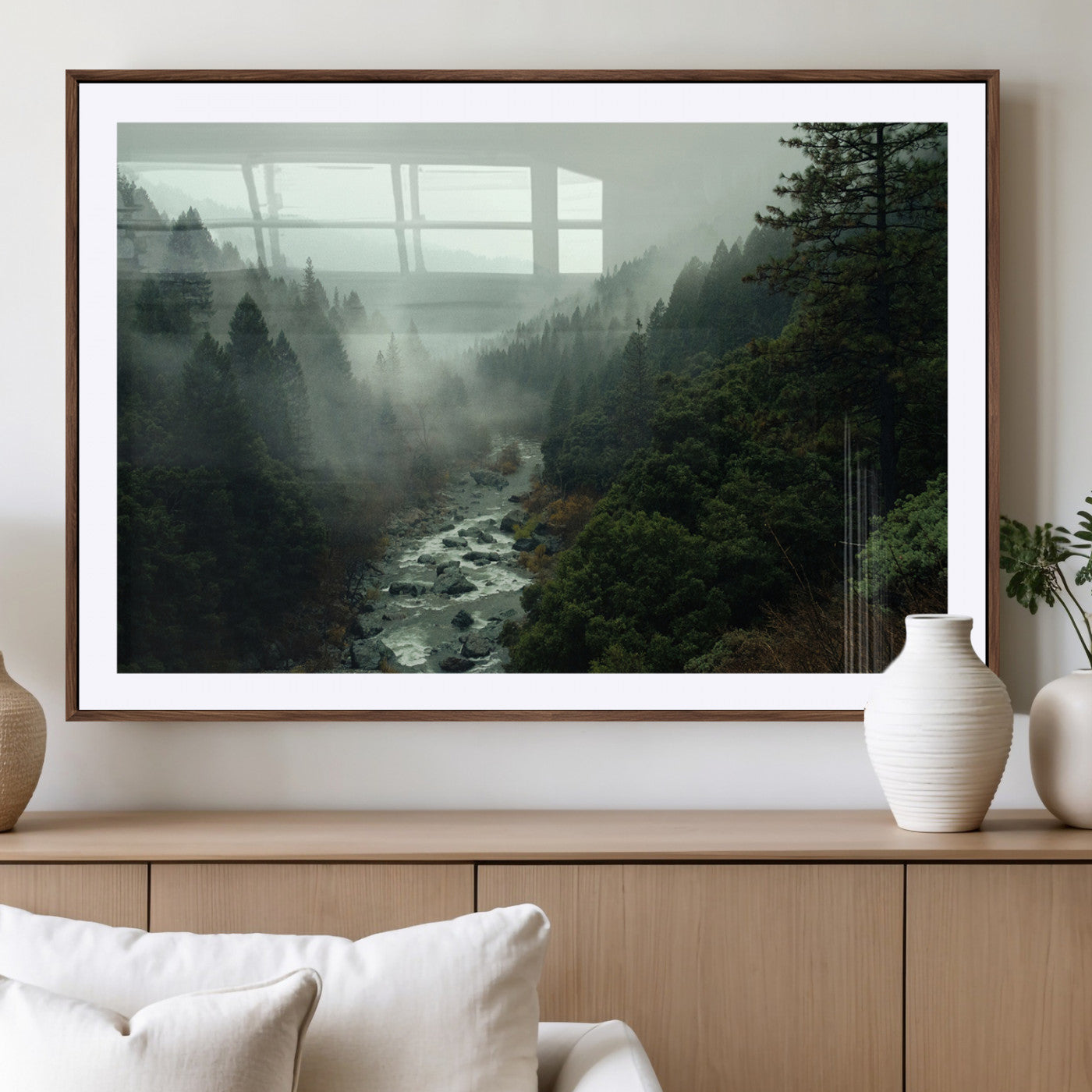 48497565-MGV-CV-36X24-Misty Forest Wall Art Canvas Print, Framed Foggy River Art Picture Print, Moody Landscape Perfect Moody Wilderness Decor Artwork