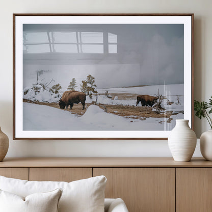 60308289-MGV-CV-36X24-Bison Wildlife Wall Art Canvas Print, Framed Snowy Prairie Art Picture Print, Western Landscape Perfect Rustic Winter Decor