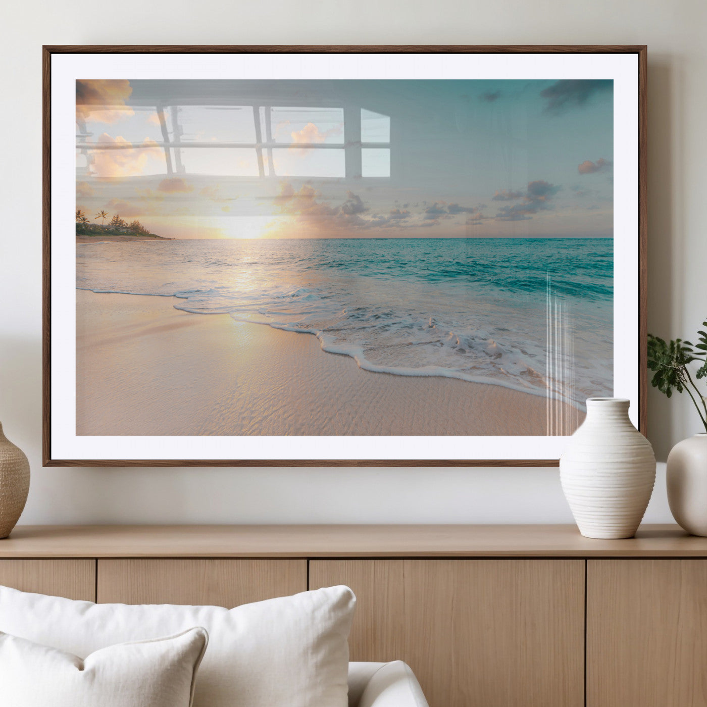 94538225-MGV-CV-36X24-Beach Sunset Wall Art Canvas Print, Framed Ocean Waves Art Picture Print, Summer Escape Perfect Coastal Serenity Decor Artwork