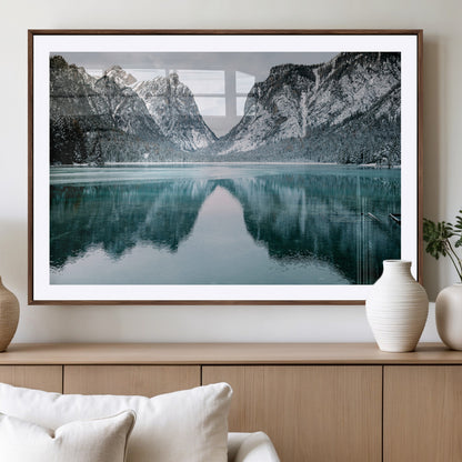 73098373-MGV-CV-36X24-Mountain Lake Wall Art Canvas Print, Framed Winter Wonderland Art Picture Print, Snowy Peaks Perfect Modern Nature Decor Artwork
