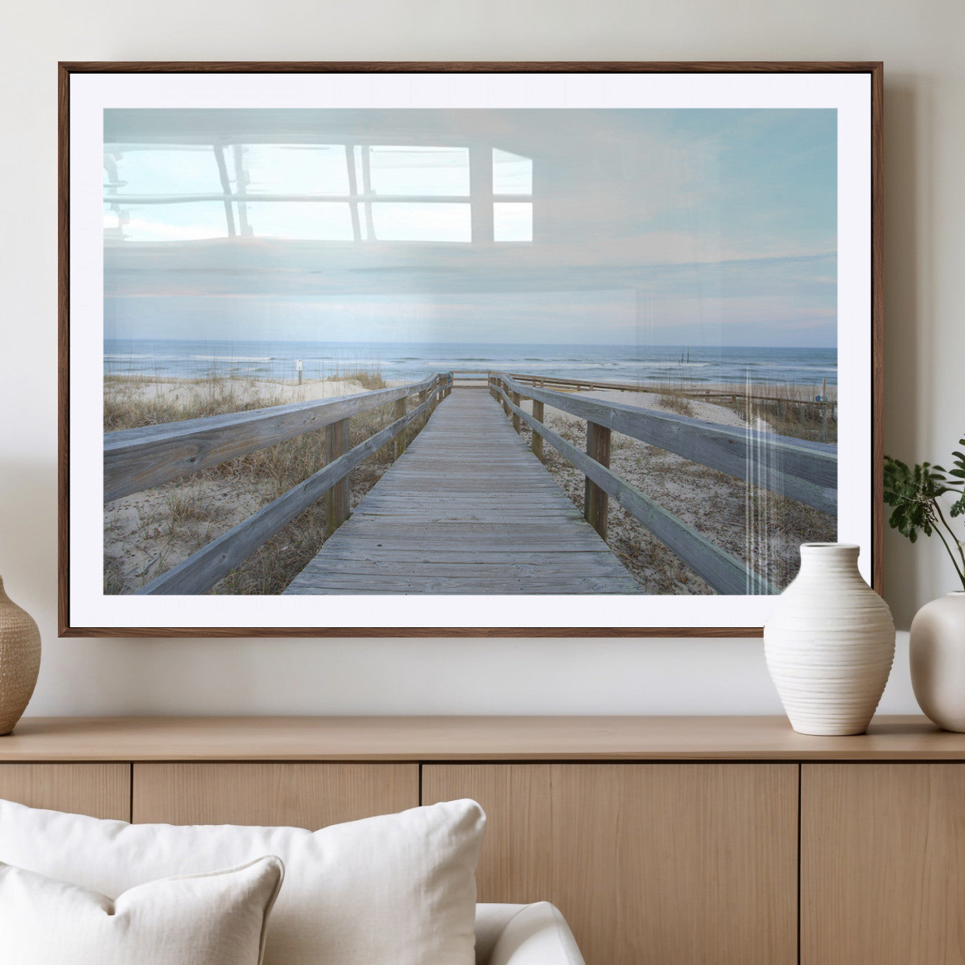 31602988-MGV-CV-36X24-Beach Boardwalk Wall Art Canvas Print, Framed Coastal Serenity Art Picture Print, Ocean View Perfect Coastal Minimalist Decor
