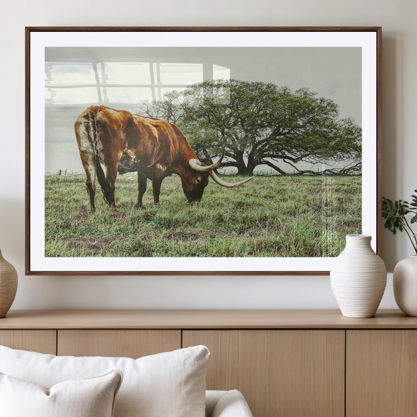 91866234-MGV-CV-36X24-Texas Longhorn Wall Art Canvas Print, Framed Rustic Ranch Art Picture Print, Western Cattle Perfect Rustic Farmhouse Decor Artwork