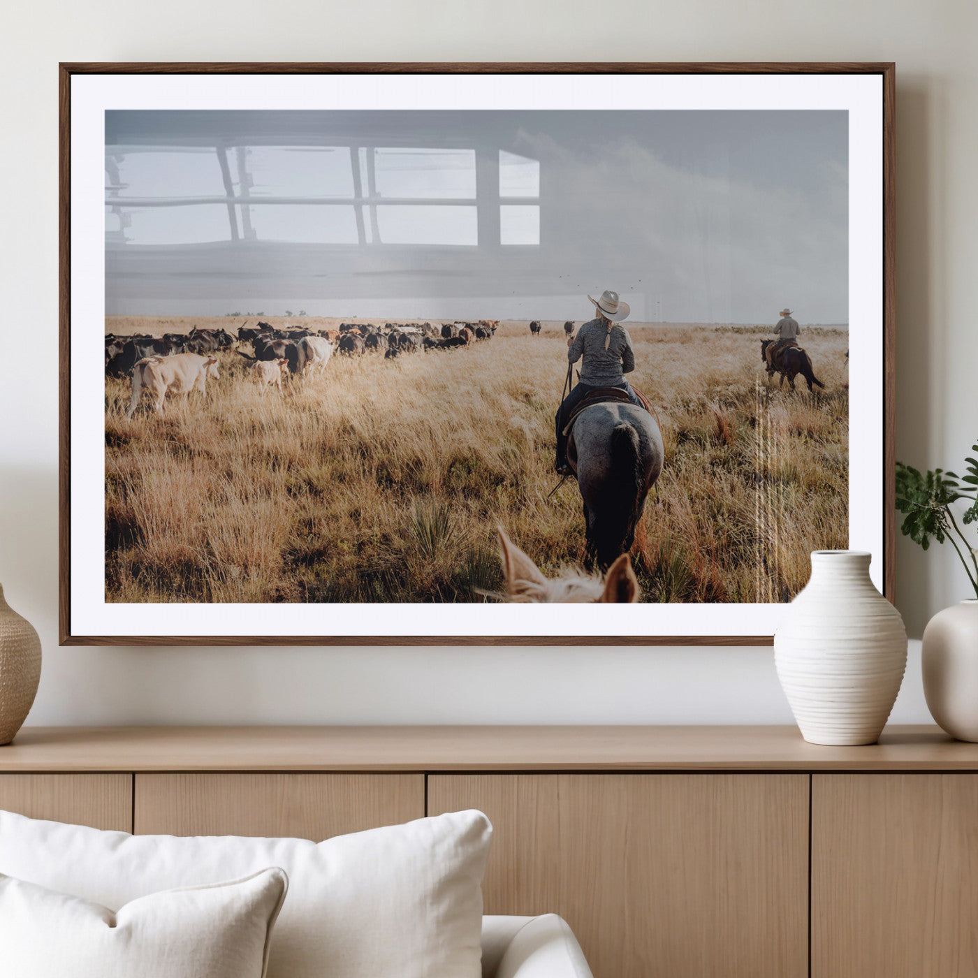 22431577-MGV-CV-36X24-Western Wall Art Wall Art Canvas Print, Framed Cowboy Canvas Art Picture Print, Cattle Drive Scene Perfect Rustic Western Decor