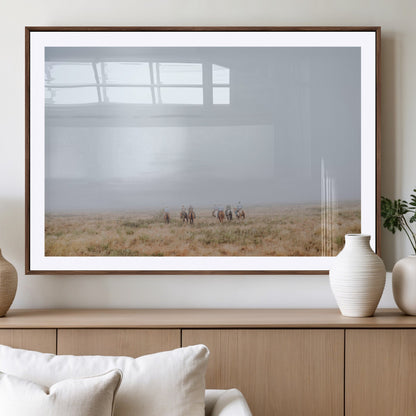 14761944-MGV-CV-36X24-Foggy Plains Wall Art Canvas Print, Framed Horseback Riders Art Picture Print, Rustic Western Perfect Rustic Western Decor Artwork