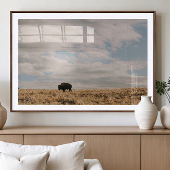 22754563-MGV-CV-36X24-Earthy Tones Wall Art Canvas Print, Framed Rustic Nature Art Picture Print, Solitary Buffalo Perfect Western Minimalist Decor