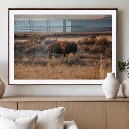 39509187-MGV-CV-36X24-Western Wildlife Wall Art Canvas Print, Framed Bison Art Picture Print, Golden Hour Perfect Western Rustic Decor Artwork