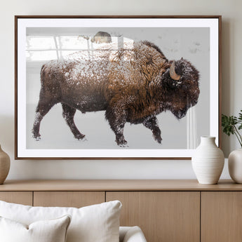 94261165-MGV-CV-36X24-Snowy Buffalo Wall Art Canvas Print, Framed Wildlife Photography Art Picture Print, Brown Tones Perfect Rustic Lodge Decor Decor