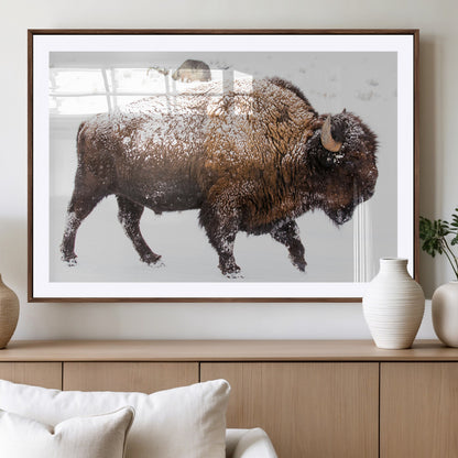 94261165-MGV-CV-36X24-Snowy Buffalo Wall Art Canvas Print, Framed Wildlife Photography Art Picture Print, Brown Tones Perfect Rustic Lodge Decor Decor