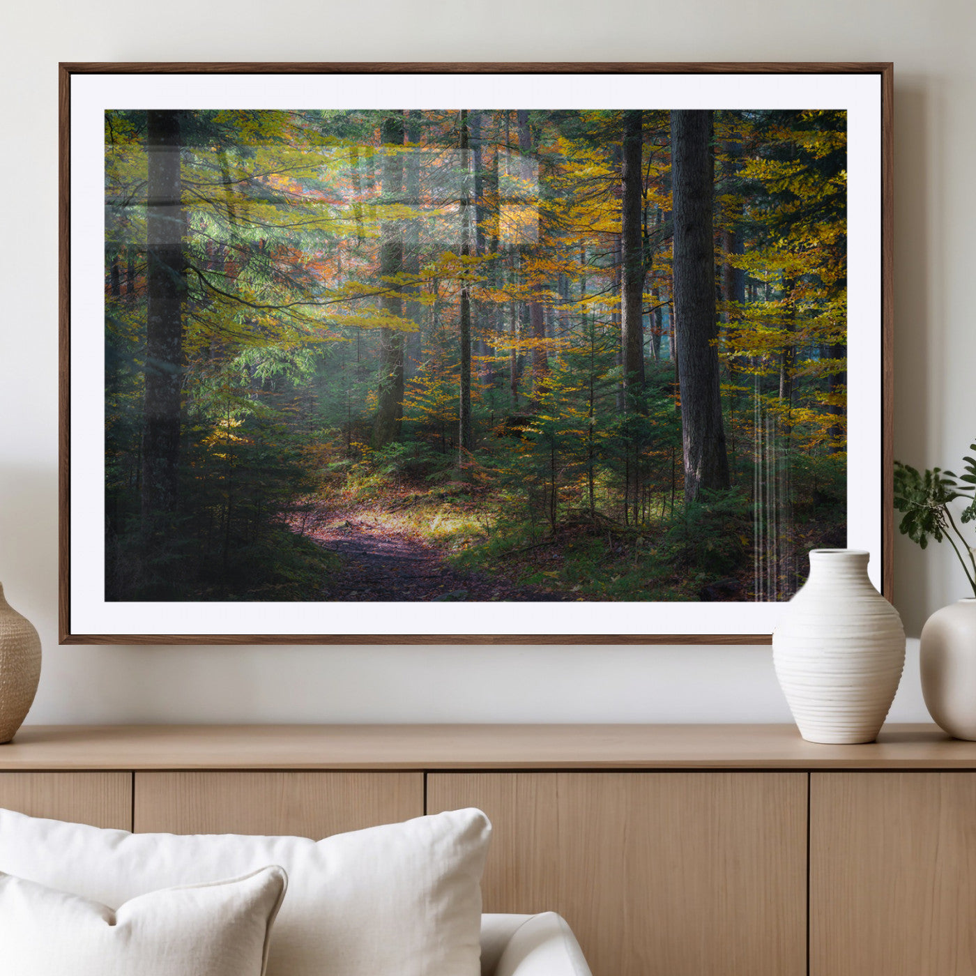 65810864-MGV-CV-36X24-Autumn Forest Wall Art Canvas Print, Framed Fall Woodland Art Picture Print, Golden Leaves Perfect Rustic Farmhouse Decor Artwork