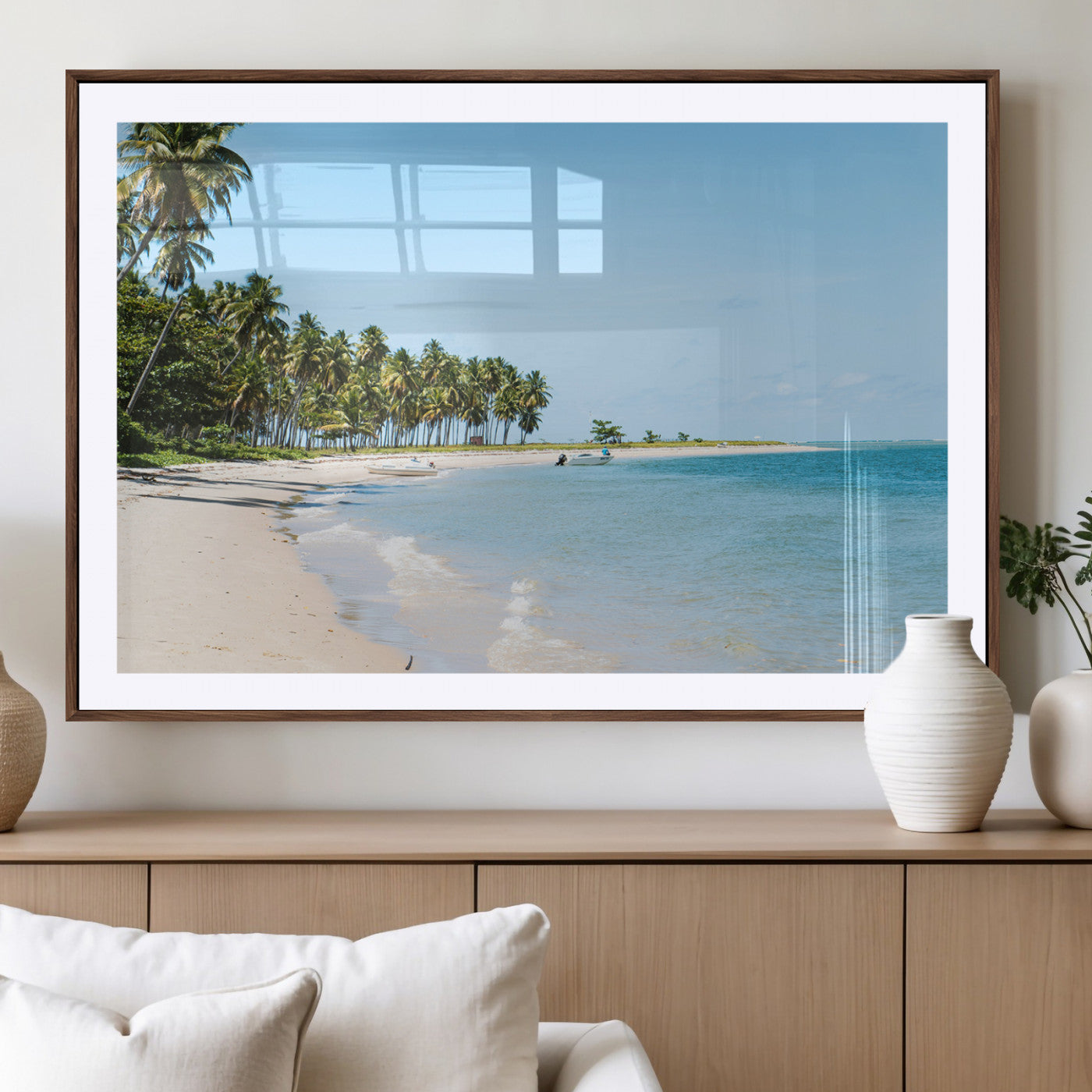 37858872-MGV-CV-36X24-Palm Tree Coast Wall Art Canvas Print, Framed Island Getaway Art Picture Print, Crystal Blue Water Perfect Tropical Coastal Decor