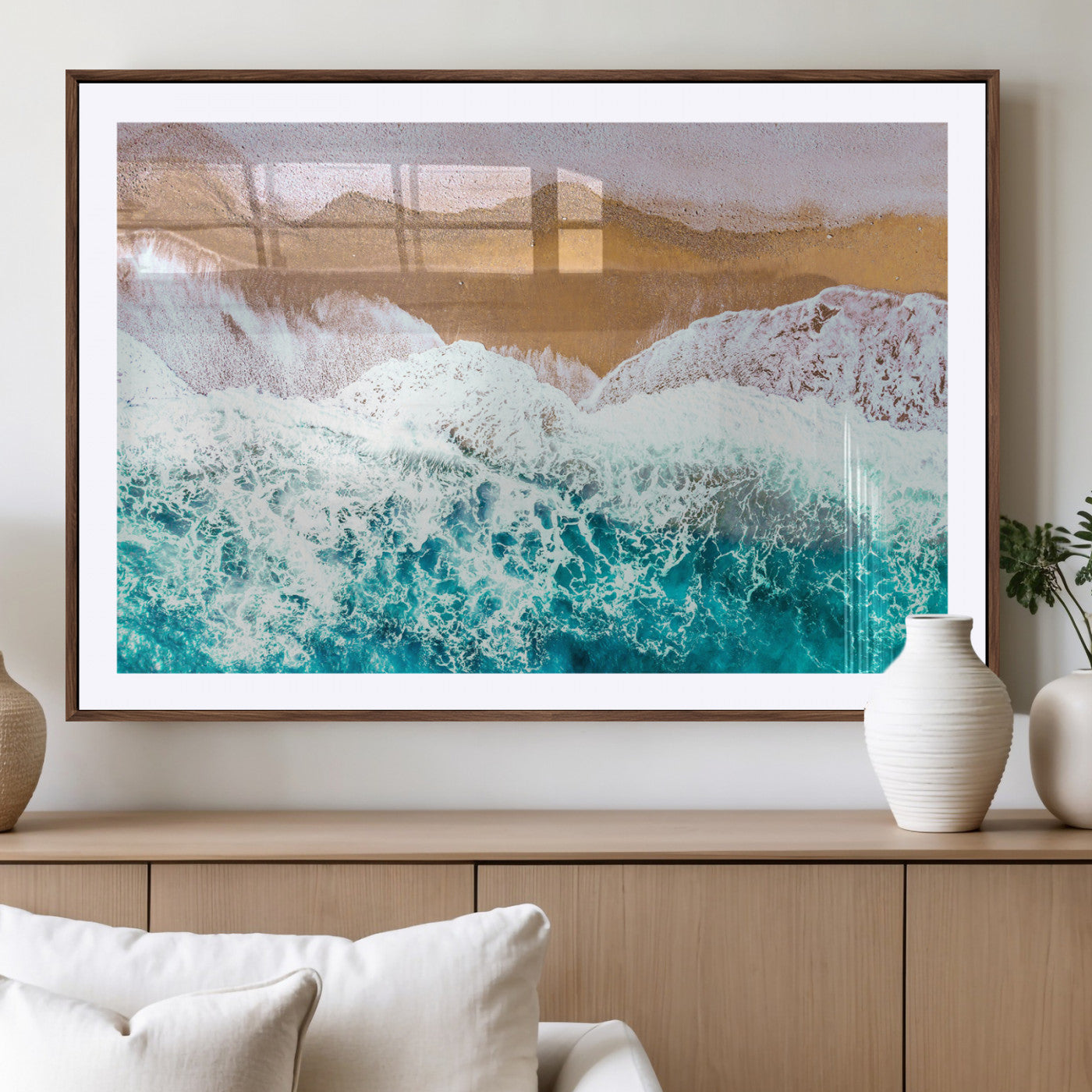 26870666-MGV-CV-36X24-Aerial Beach Wall Art Canvas Print, Framed Ocean Waves Art Picture Print, Coastal Landscape Perfect Coastal Minimalist Decor