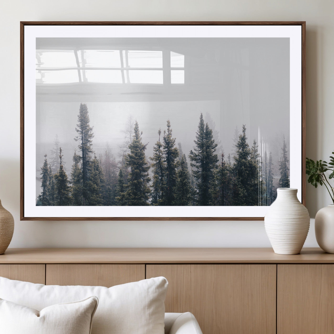 42364796-MGV-CV-36X24-Foggy Forest Wall Art Canvas Print, Framed Misty Pines Art Picture Print, Moody Woodland Perfect Scandinavian Minimalist Decor