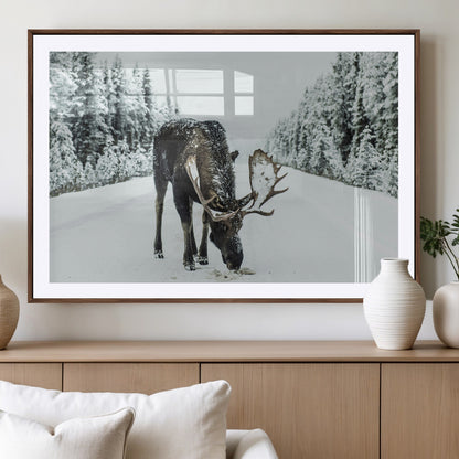 13316292-MGC-FP-36x24_Walnut-Moose in Snow Wall Art Canvas Print, Framed Winter Wildlife Art Picture Print, Snowy Forest Scene Perfect Rustic Lodge Decor