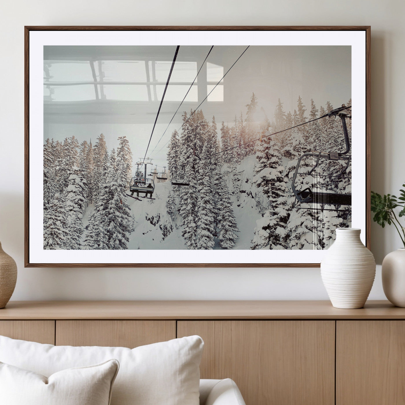 91534512-MGV-CV-36X24-Frosty Pines Wall Art Canvas Print, Framed Cozy Cabin View Art Picture Print, Ski Lift Ride Perfect Rustic Lodge Decor Artwork