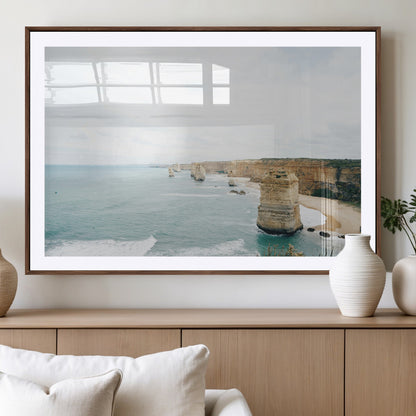 70095633-MGC-FP-36x24_Walnut-Twelve Apostles Wall Art Canvas Print, Framed Coastal Cliffs Art Picture Print, Rugged Rock Formations Perfect Minimalist Coastal