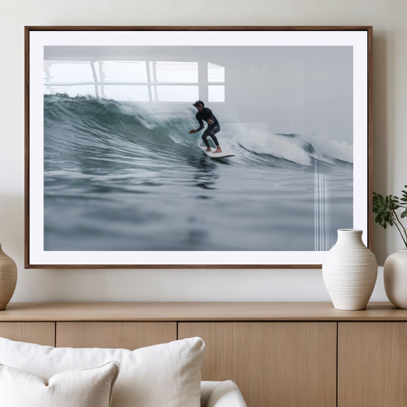 11693607-MGV-CV-36X24-Surfer on Wave Wall Art Canvas Print, Framed Ocean Adventure Art Picture Print, Motion Blur Water Perfect Coastal Adventure Decor