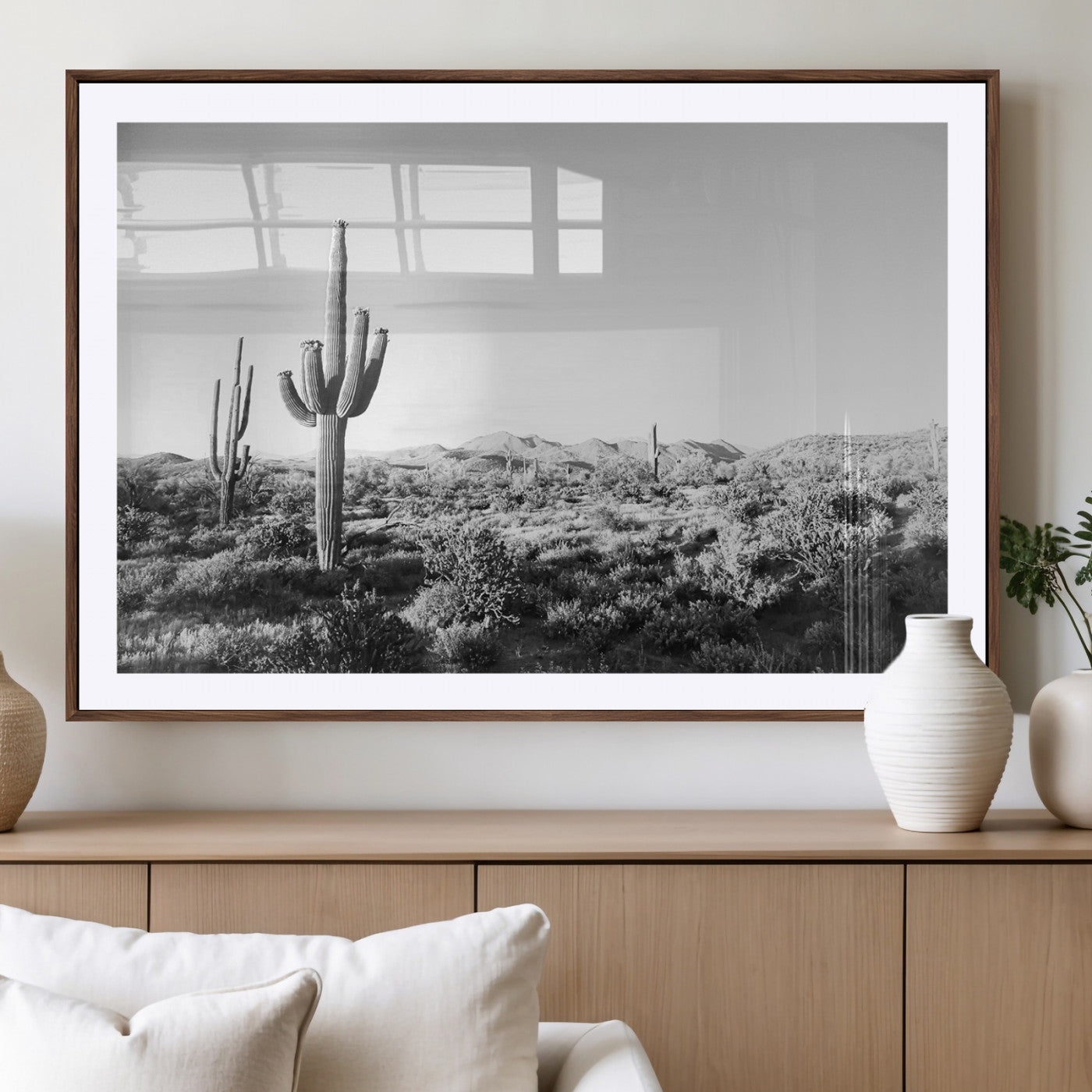 85205054-MGV-CV-36X24-Saguaro Cactus Wall Art Canvas Print, Framed Monochrome Landscape Art Picture Print, Scenic Arizona View Perfect Minimalist