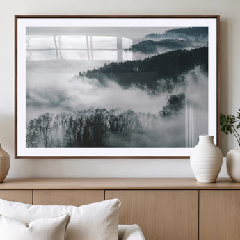 67569654-MGV-CV-36X24-Foggy Forest Wall Art – Mist Covered Hills and Trees Landscape Canvas Print, Moody Nature Photography Decor for Living Room,