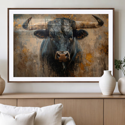 91615410-MGV-CV-36X24-Bull Wall Art – Rustic Western Longhorn Canvas Print, Powerful Abstract Animal Painting, Farmhouse Ranch Decor for Living Room,