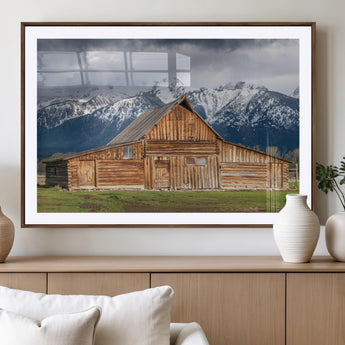 15173627-MGV-CV-36X24-Barn Wall Art – Rustic Wooden Cabin Canvas Print with Snowy Mountain Landscape, Western Farmhouse Country Decor for Living Room,
