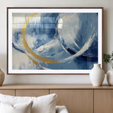 42475677-MGV-CV-36X24-Blue and Gold Abstract Wall Art – Modern Luxury Canvas Print, Navy White Brushstroke Painting, Contemporary Home Office Living