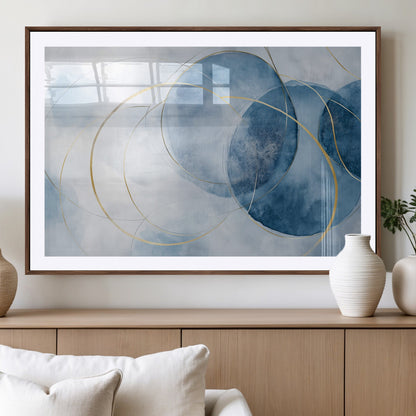 47060443-MGV-CV-36X24-Blue Abstract Circle Wall Art – Modern Gold and Navy Canvas Print, Minimalist Geometric Painting for Living Room, Bedroom, Office