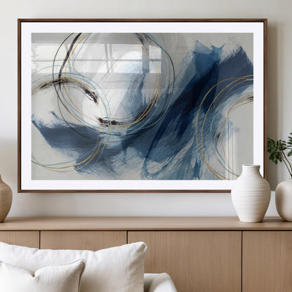 49589477-MGV-CV-36X24-Blue Abstract Wall Art – Modern Circle Canvas Print with Gold and Black Accents, Contemporary Fluid Brushstroke Painting for