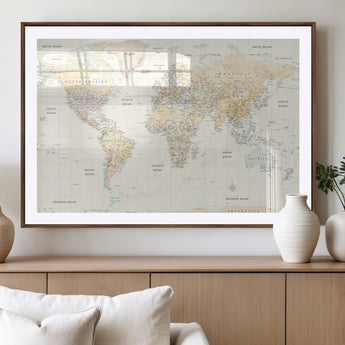 40660043-MGV-CV-36X24-World Map Wall Art – Large Detailed Atlas Style Map Print with Countries, Cities, and Oceans, Neutral Beige and Tan Educational