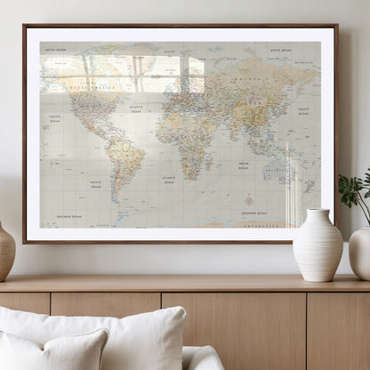 40660043-MGV-CV-36X24-World Map Wall Art – Large Detailed Atlas Style Map Print with Countries, Cities, and Oceans, Neutral Beige and Tan Educational