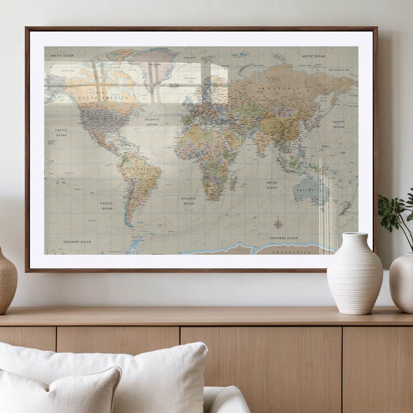 41929777-MGV-CV-36X24-World Map Wall Art – Large Detailed Political Atlas Style Map Print with Countries, Cities, and Oceans, Warm Earth Tone