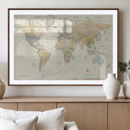 41929777-MGV-CV-36X24-World Map Wall Art – Large Detailed Political Atlas Style Map Print with Countries, Cities, and Oceans, Warm Earth Tone