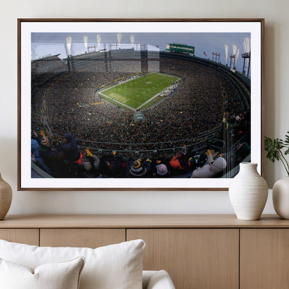 14387817-MGV-CV-36X24-Lambeau Field Stadium Wall Art – Green Bay Packers Game Day Canvas Print with Fireworks and Crowd – NFL Football Fan Man Cave