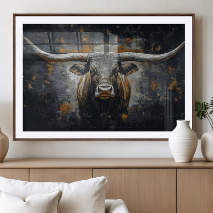 93195031-MGV-CV-36X24-Dark Longhorn Bull Wall Art – Western Steer Canvas Print, Moody Rustic Animal Painting for Man Cave, Ranch House, Office or Modern