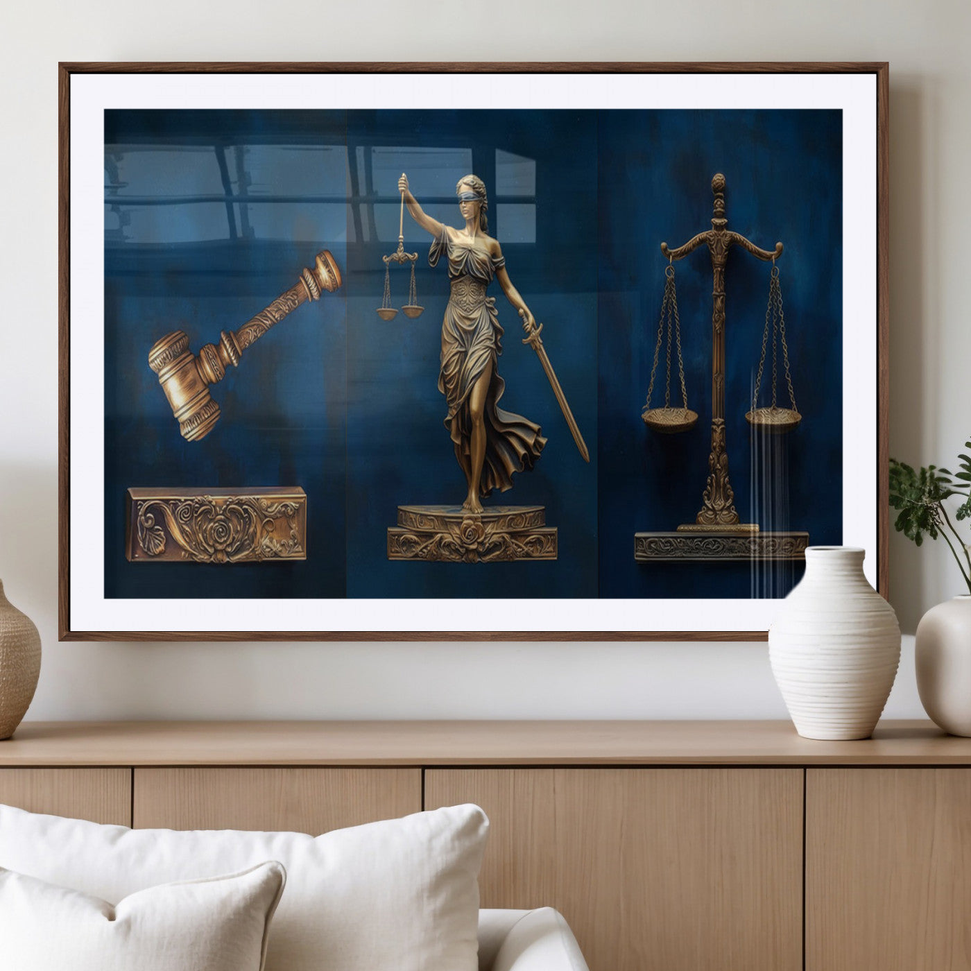 91629053-MGV-CV-36X24-Lady Justice Wall Art – Golden Gavel and Scales Canvas Print, Elegant Legal Office Decor for Lawyers, Judges, Courtroom or Study