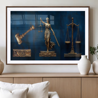 91629053-MGV-CV-36X24-Lady Justice Wall Art – Golden Gavel and Scales Canvas Print, Elegant Legal Office Decor for Lawyers, Judges, Courtroom or Study