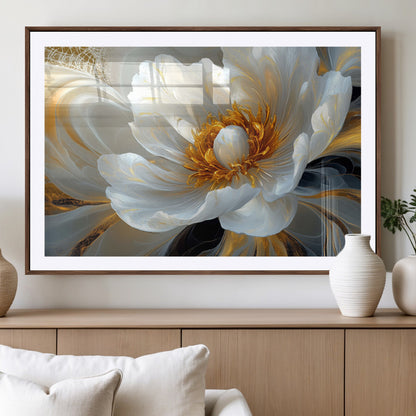39604126-MGV-CV-36X24-Abstract Flower Wall Art – Elegant White and Gold Bloom Canvas Print, Modern Floral Artwork for Bedroom, Living Room, or Office