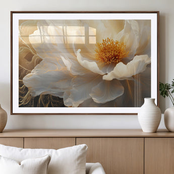 29539087-MGV-CV-36X24-Floral Wall Art – Elegant White and Gold Bloom Canvas Print, Romantic Modern Flower Artwork for Bedroom, Living Room, or Office