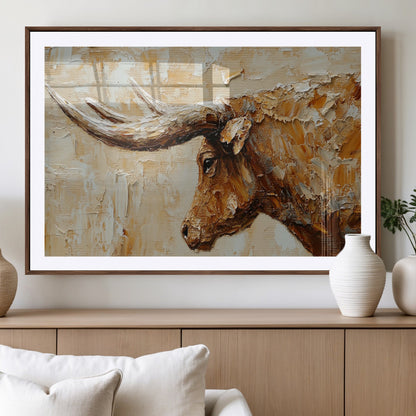 69611428-MGV-CV-36X24-Longhorn Bull Wall Art – Rustic Western Canvas Print, Textured Farmhouse Cattle Painting for Living Room, Office, or Ranch House