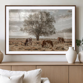 87590224-MGV-CV-36X24-Longhorn Cattle Wall Art – Rustic Western Landscape Canvas Print, Texas Farmhouse Prairie Scene for Living Room, Office, or Ranch