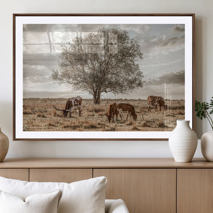 87590224-MGV-CV-36X24-Longhorn Cattle Wall Art – Rustic Western Landscape Canvas Print, Texas Farmhouse Prairie Scene for Living Room, Office, or Ranch