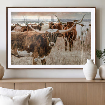 47758300-MGV-CV-36X24-Texas Longhorn Cattle Wall Art – Rustic Western Herd Canvas Print, Cowboy Ranch Farmhouse Decor for Living Room, Office, or