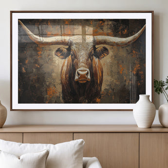 19204445-MGV-CV-36X24-Texas Longhorn Bull Wall Art – Rustic Western Canvas Print, Bold Cowboy Cattle Painting for Ranch House, Farmhouse, Office, or