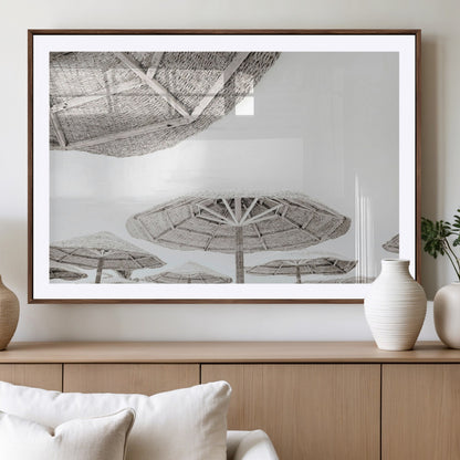 97043123-MGV-CV-36X24-Beach Umbrella Wall Art – Minimalist Coastal Canvas Print, Woven Parasol Summer Decor for Bedroom, Living Room, or Modern Beach